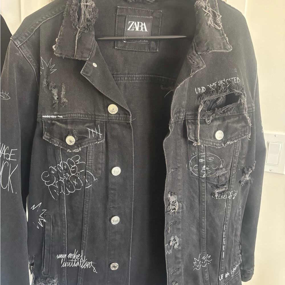 Zara Black Distressed Denim Jacket